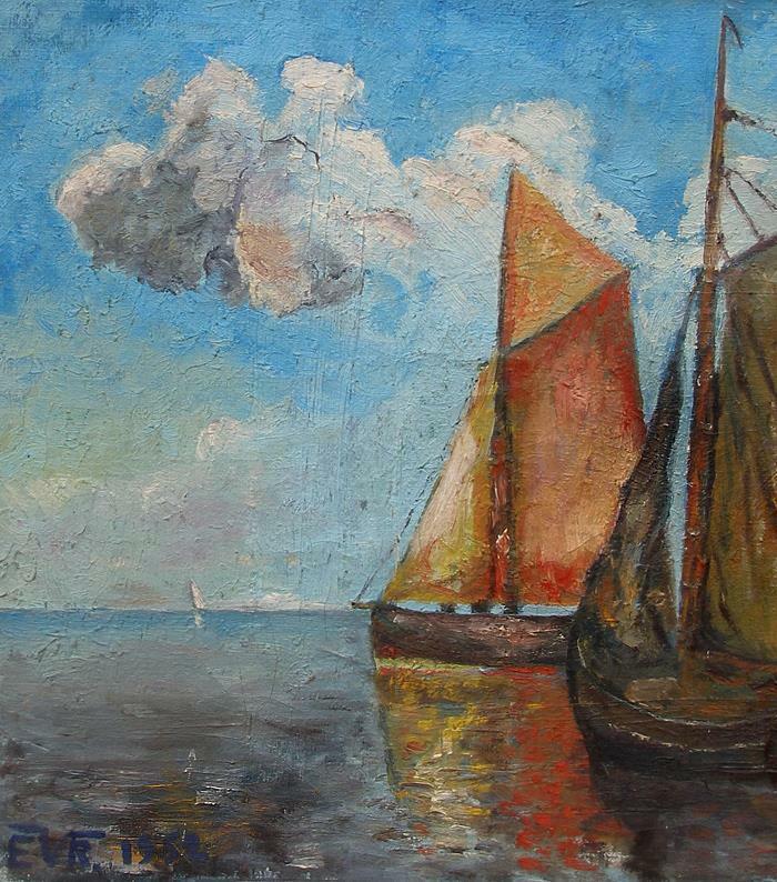 French Fishing Boats at sea at Normandy Signed and dated 1954