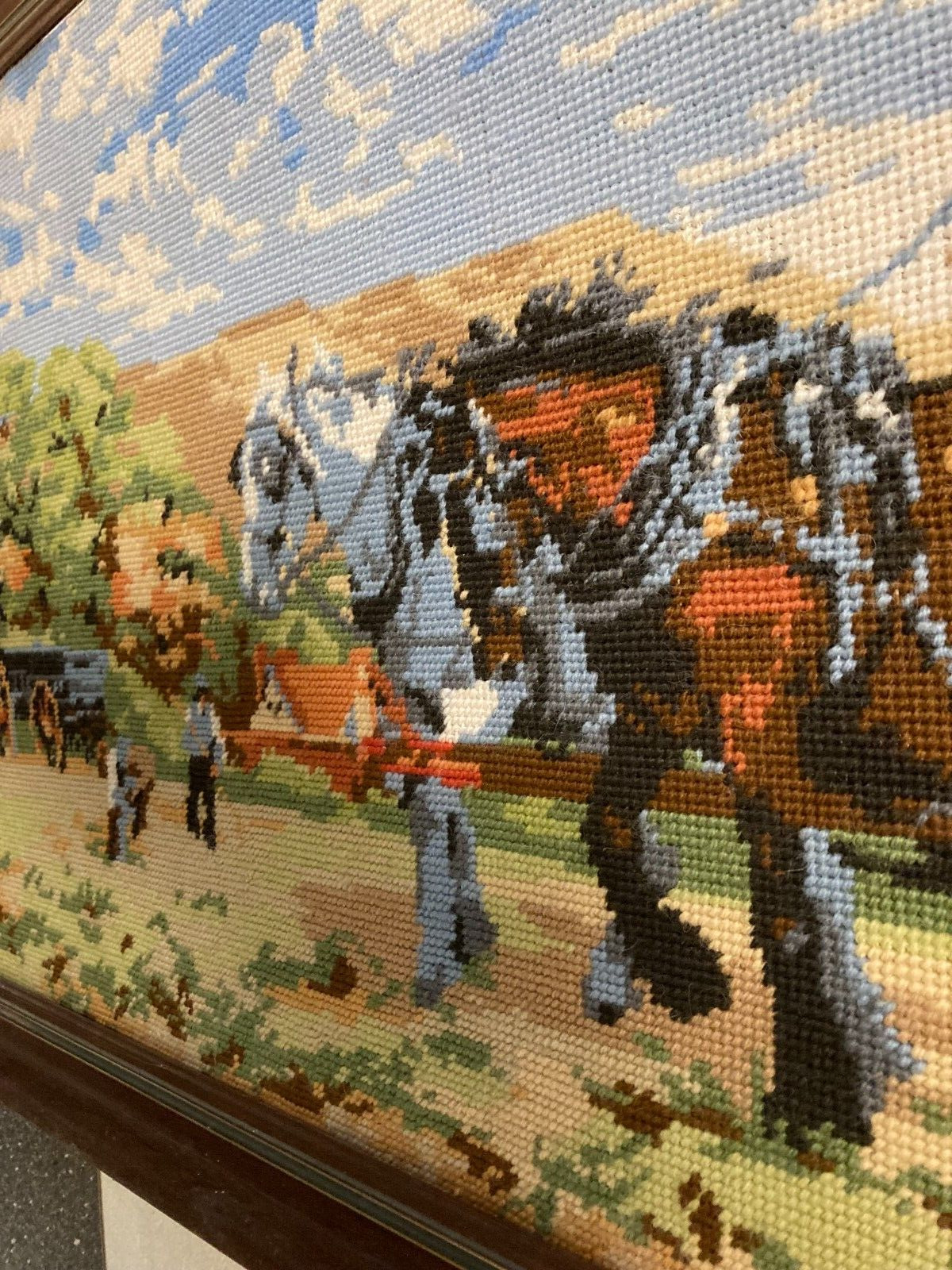 Danish Cross-Stitch Artwork Farmer with Horses Harvest Scene W82cm L44 Framed