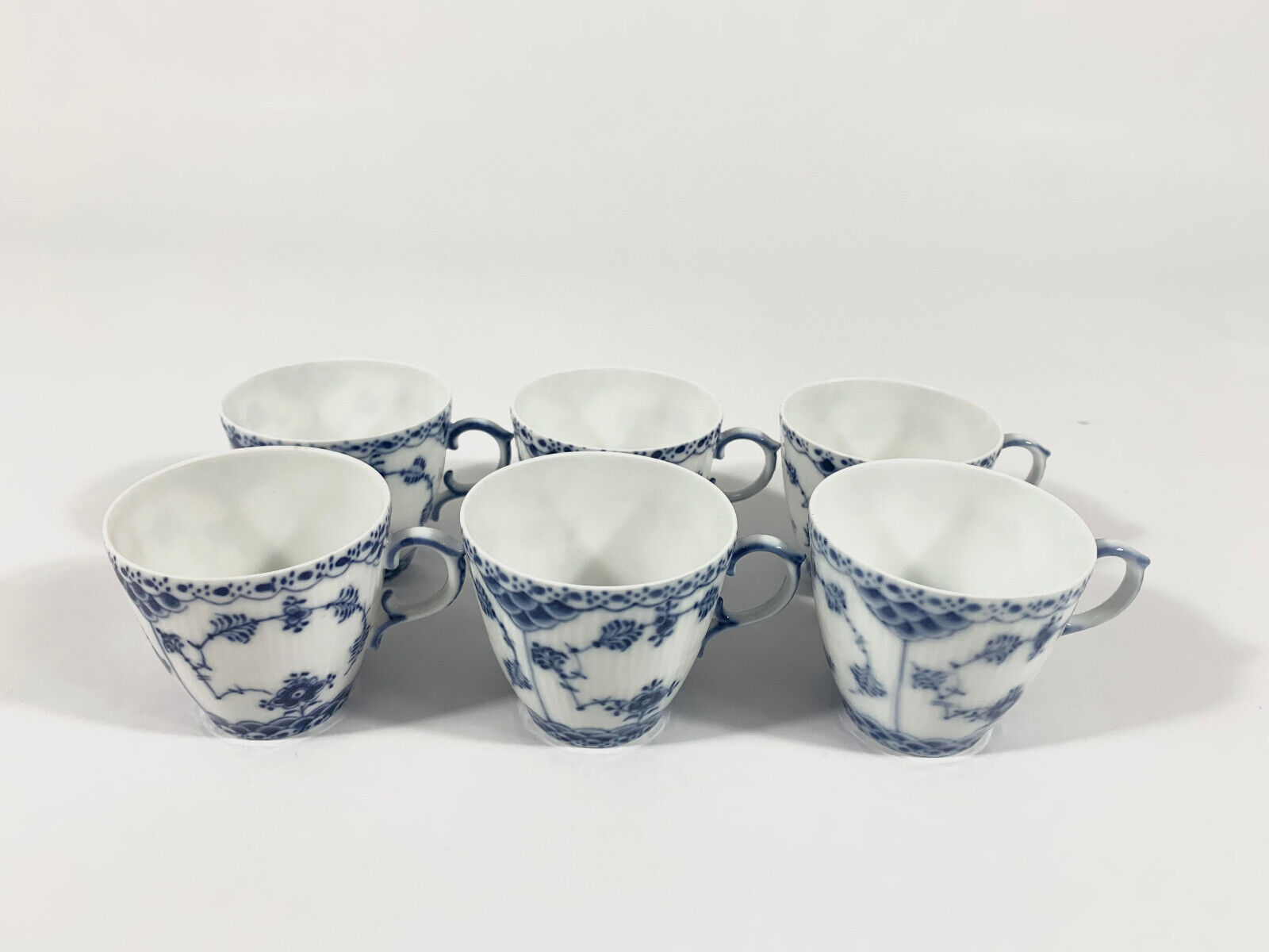 6x Royal Copenhagen Blue Fluted Full Lace  1038 Demitasse Coffee Cups  Saucers