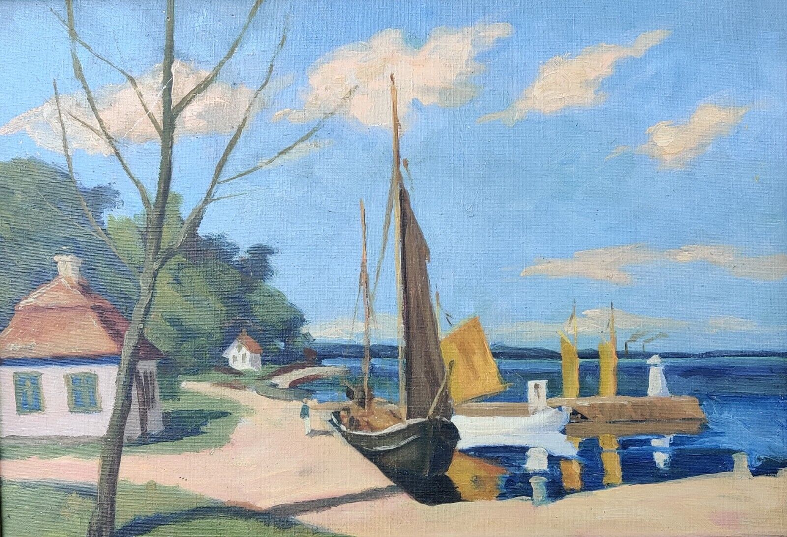 COASTAL LANDSCAPE WITH SAILBOAT original oil painting