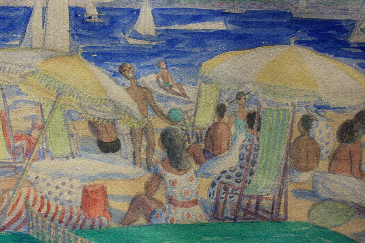 Anni Loegstrup watercolor Female artist French Beach scenery Cannes 1952