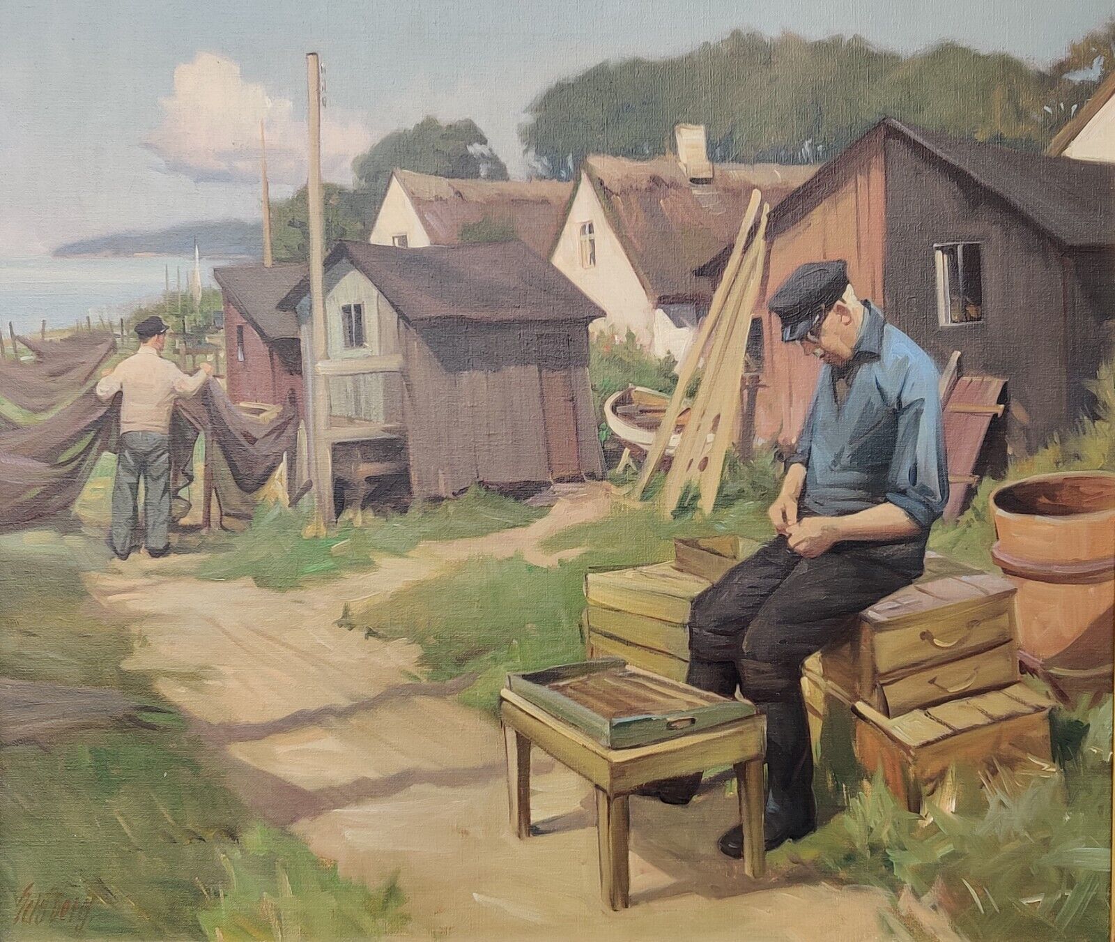 Knud Edsberg (1911-2003): FISHERMEN'S VILLAGE original oil painting