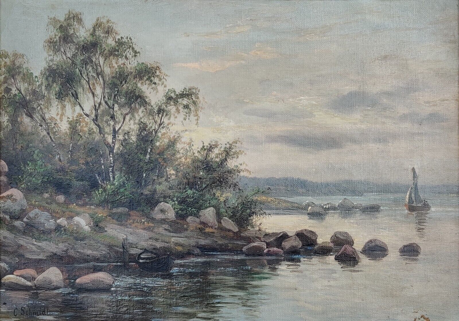 THE LITTLE COVE WITH STONES and BOAT original antique oil painting