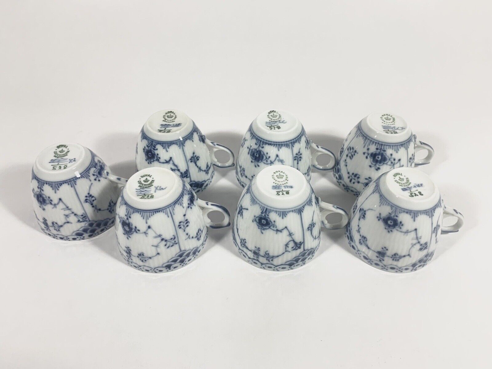 7x Royal Copenhagen Blue Fluted Half 528 Demitasse Mocha Cups  Saucers