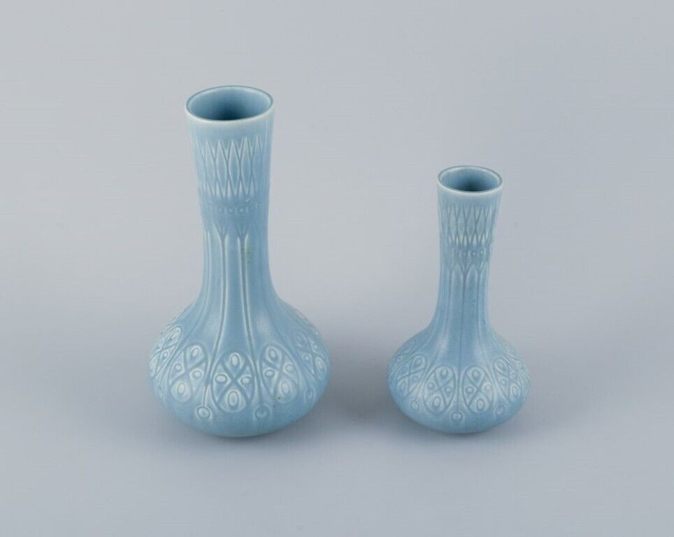 Upsala-Ekeby/Gefle Sweden Two "Kairo" ceramic vases in light blue glaze