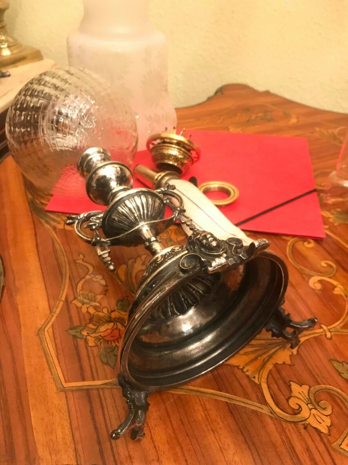 Antique UNIQUE Silver Plated Kerosene Lamp H 64cm