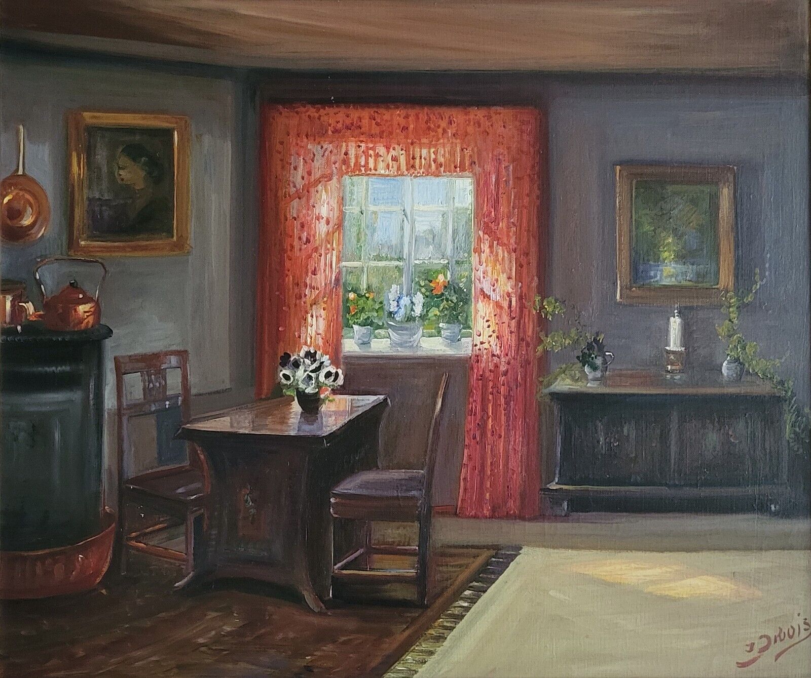 Oil painting Ingeborg DeBois(1897-1970): Living-room interior with red curtains