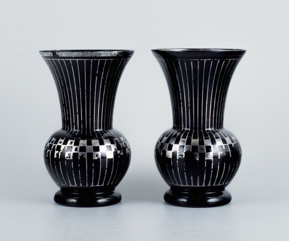 Two Art Deco glass vases Germany With horizontal silver inlays 1930/40s