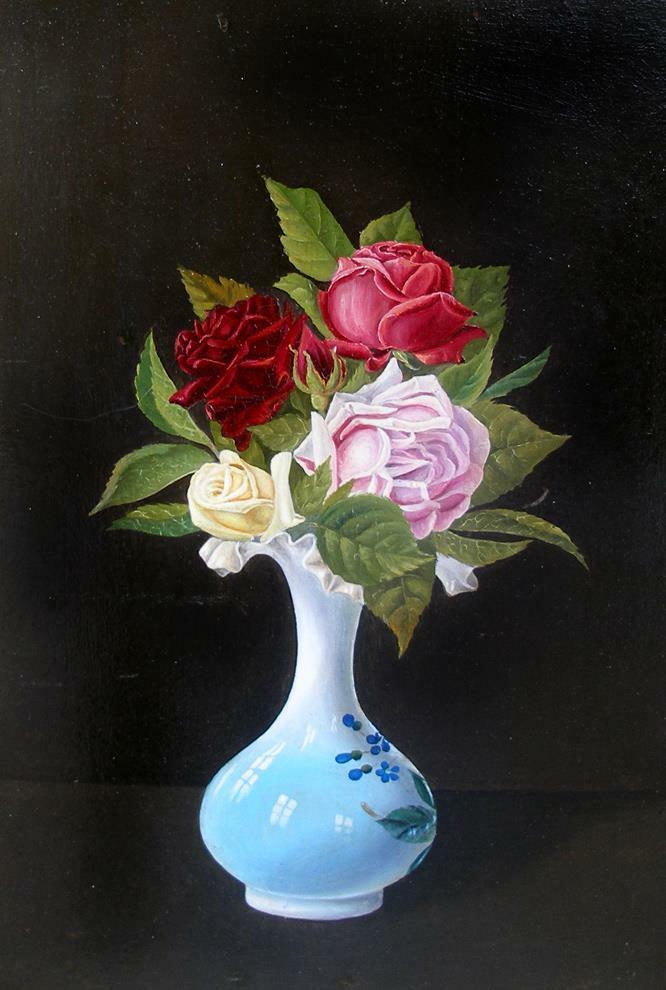 Antique still-life Roses in Blue Porcelain Vase Ca 1850