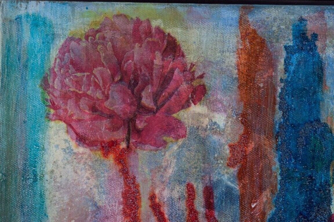 Danish artist Mixed media on canvas Abstract composition with flowers