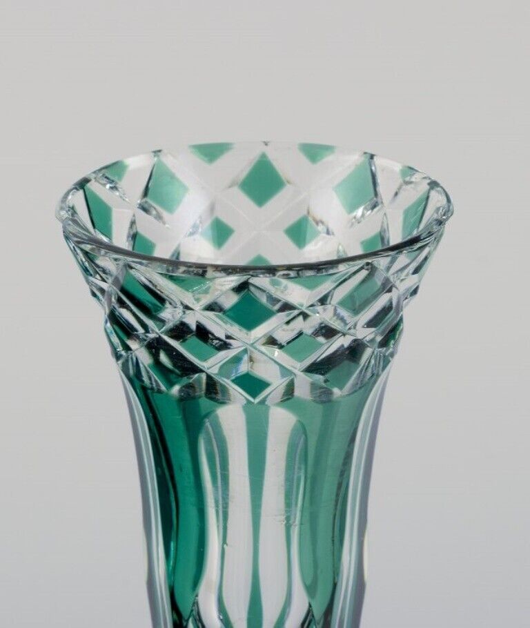 Val St Lambert Belgium Faceted crystal vase in green and clear glass