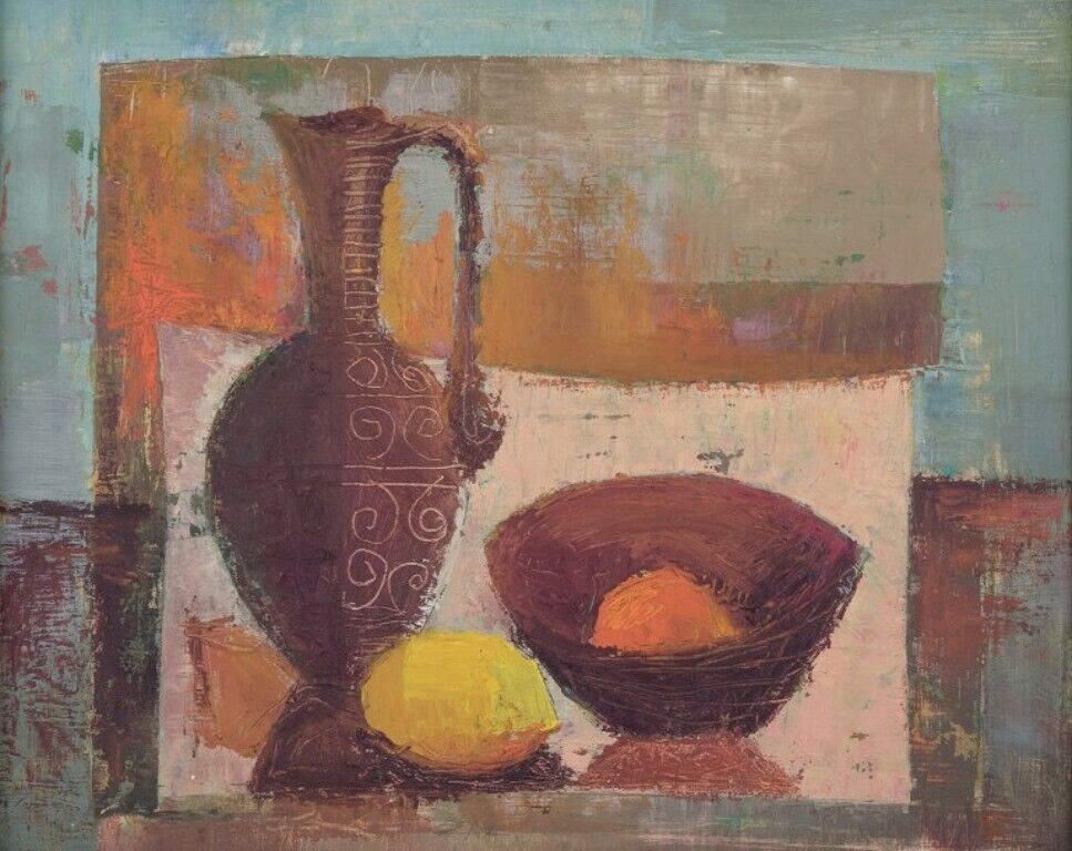 Swedish artist Oil on board Modernist still life with a pitcher and lemon