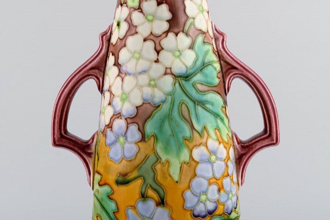 Large antique Art Nouveau vase with handles in glazed ceramics
