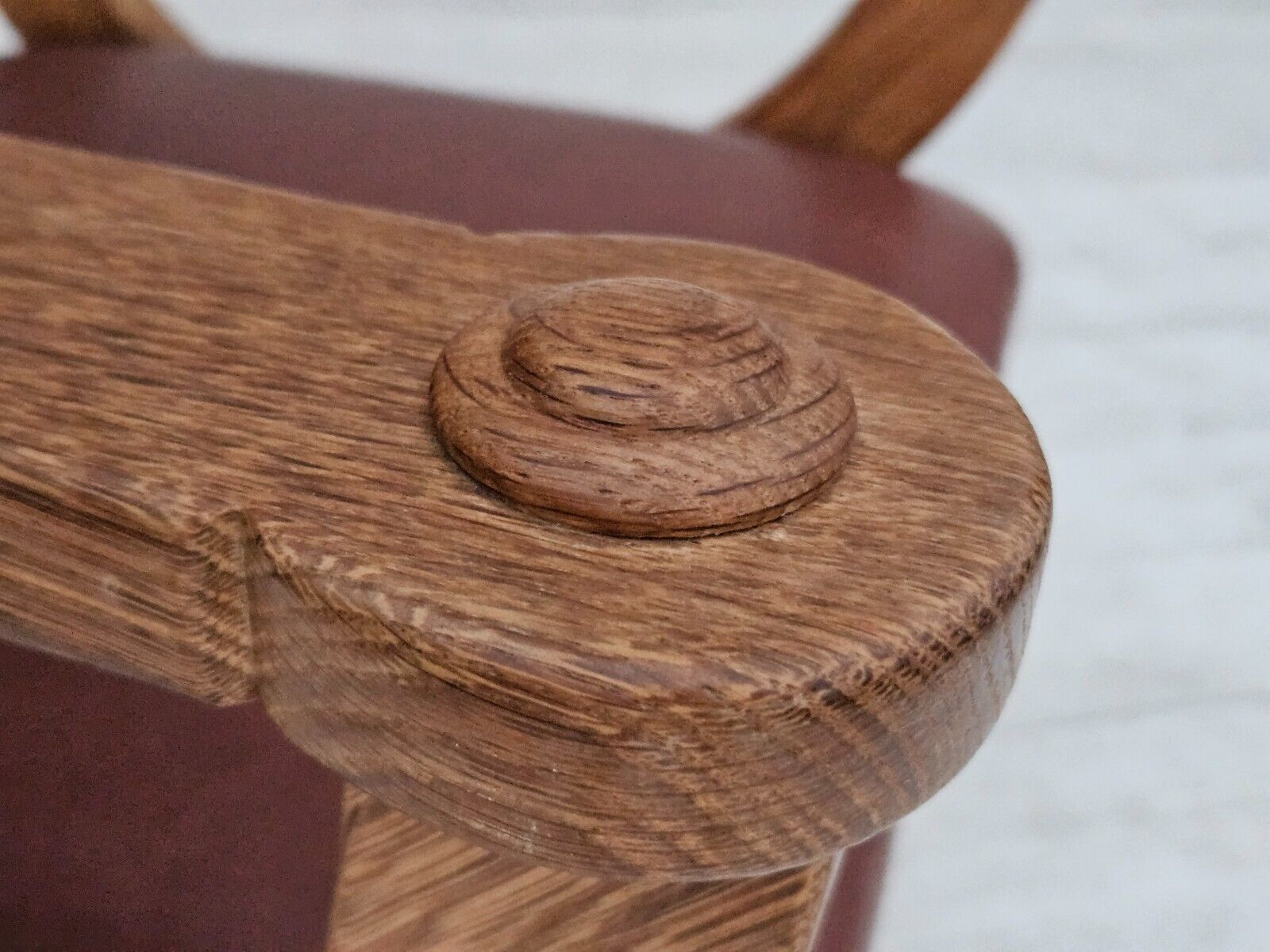 1950s Danish design reupholstered armchair natural brown leather oak wood