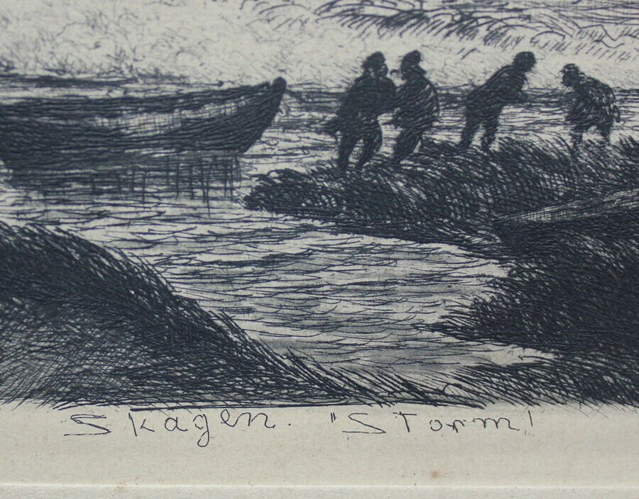 Carl Locher etching Fishermen on the Skagen beach in stormy weather 1900