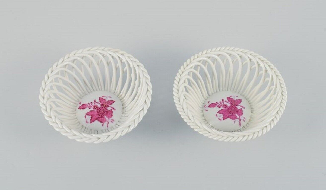 Herend pink Chinese Bouquet two small bowls with wickerwork in porcelain