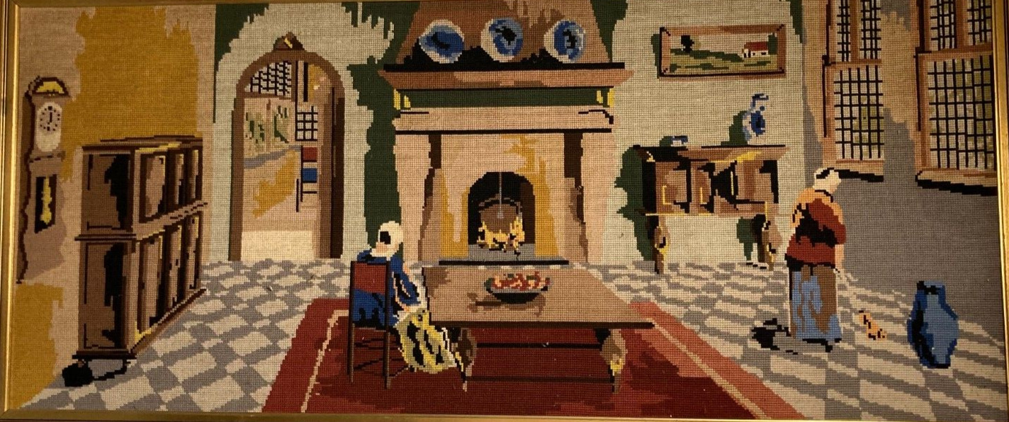 Danish Cross-Stitch Artwork Interior Scene w Cozy Fireplace W125cm L58 Framed