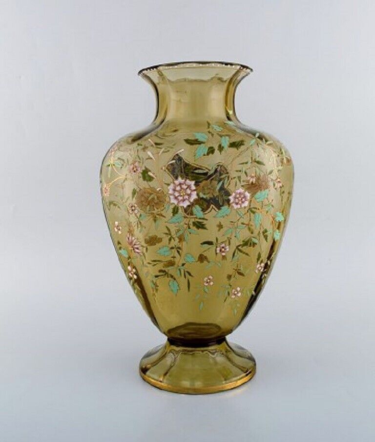 Emile Gallé France Large antique vase in smoke colored art glass with flowers