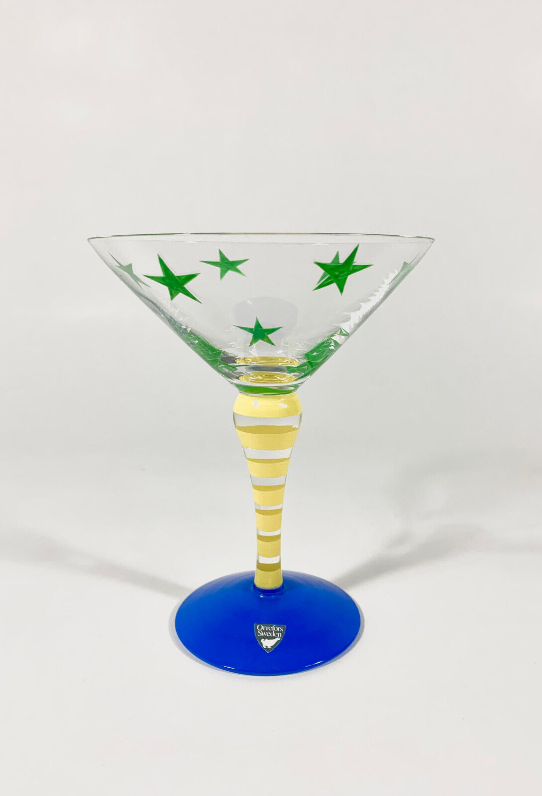 Orrefors Anne Nilsson Clown Crystal Green Starred Yellow Striped Martini Glass