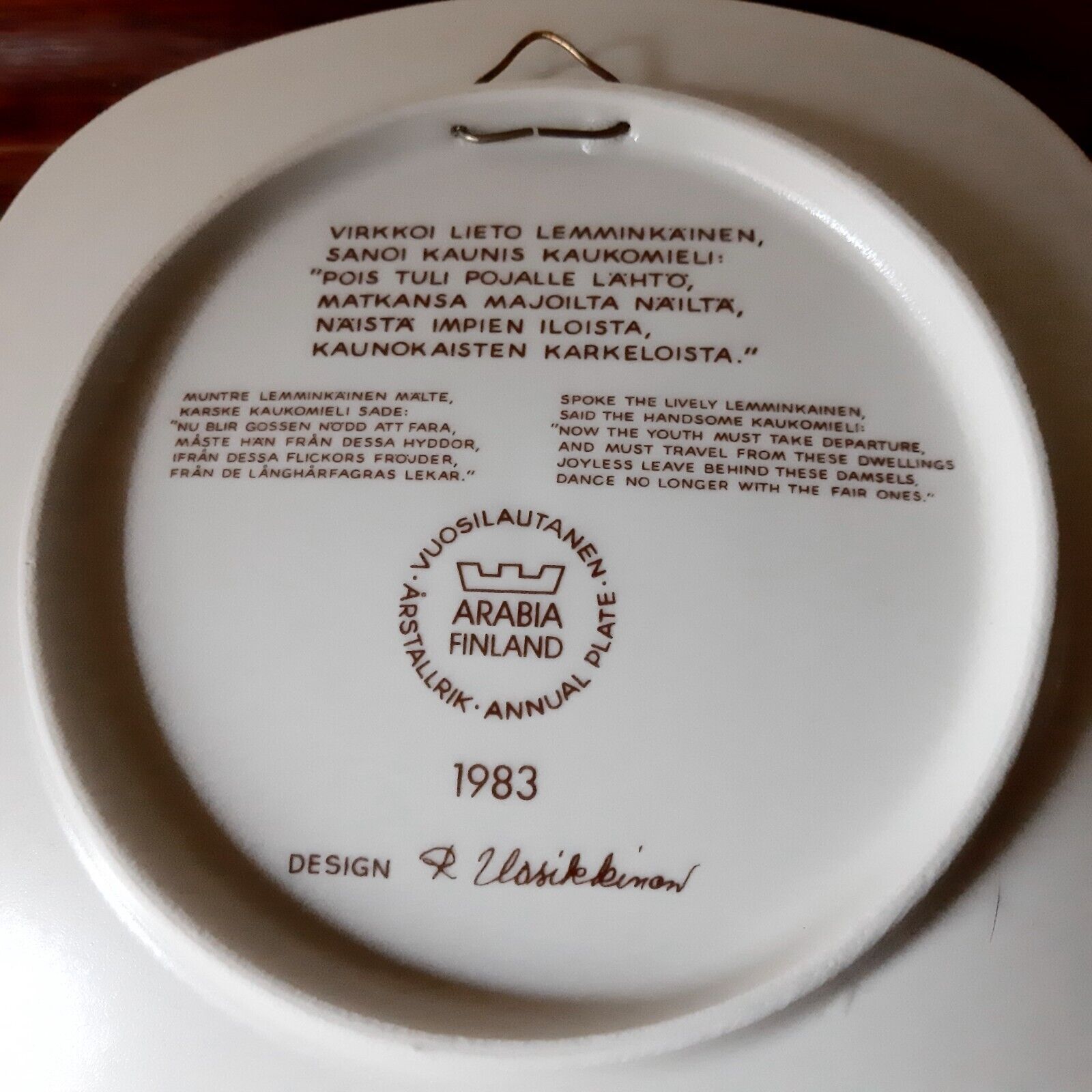 1983 Ceramic Kalevala Annual Plate  Raija Uosikkinen ARABIA Finland Signed