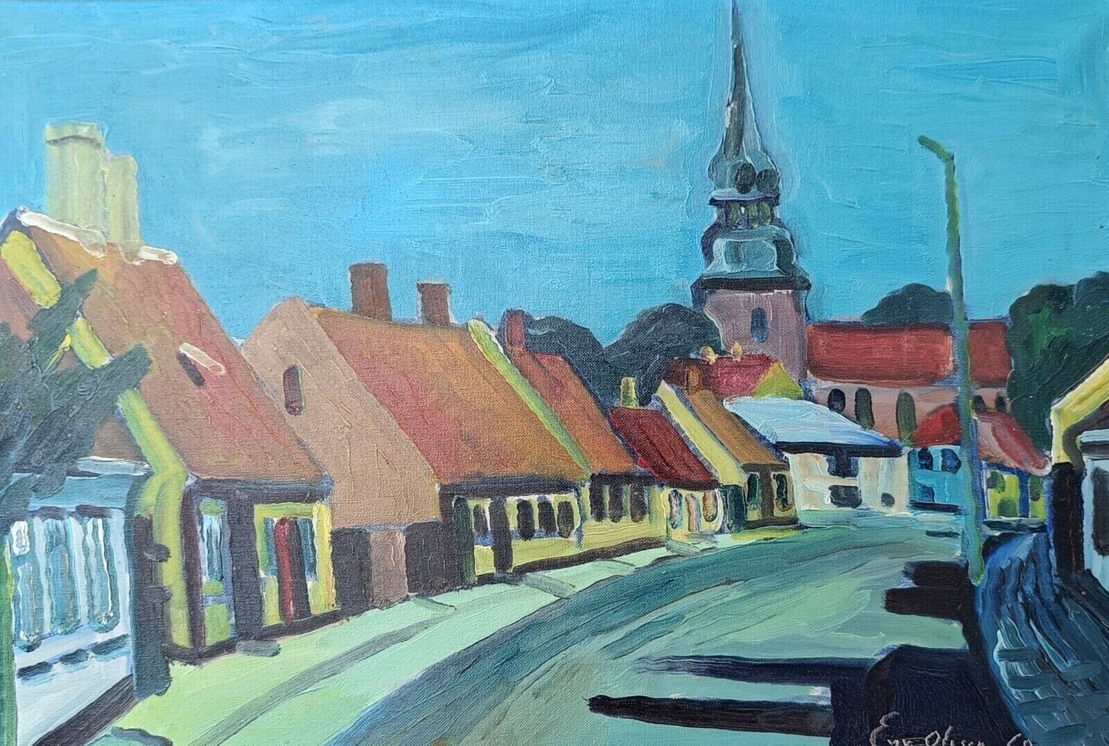 Eyvind Olesen (1907-1995): SMALL TOWN WITH BIG CHURCH Dated 1969