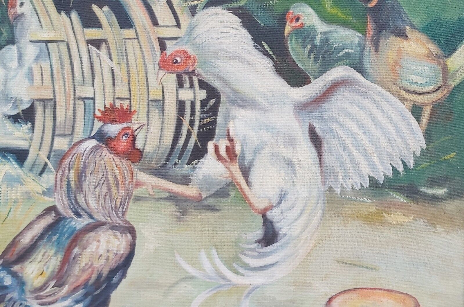 ROOSTER FIGHT - oil painting Dated 1971