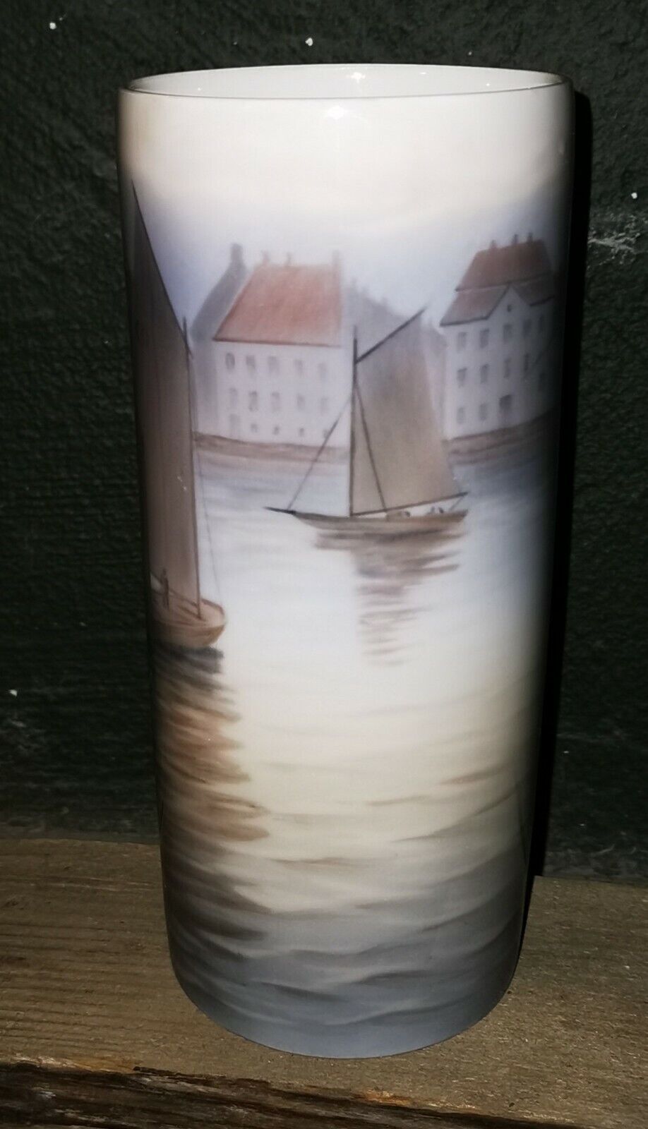 Vintage cylindrical BG porcelain vase with Copenhagen Harbor motif c 1920