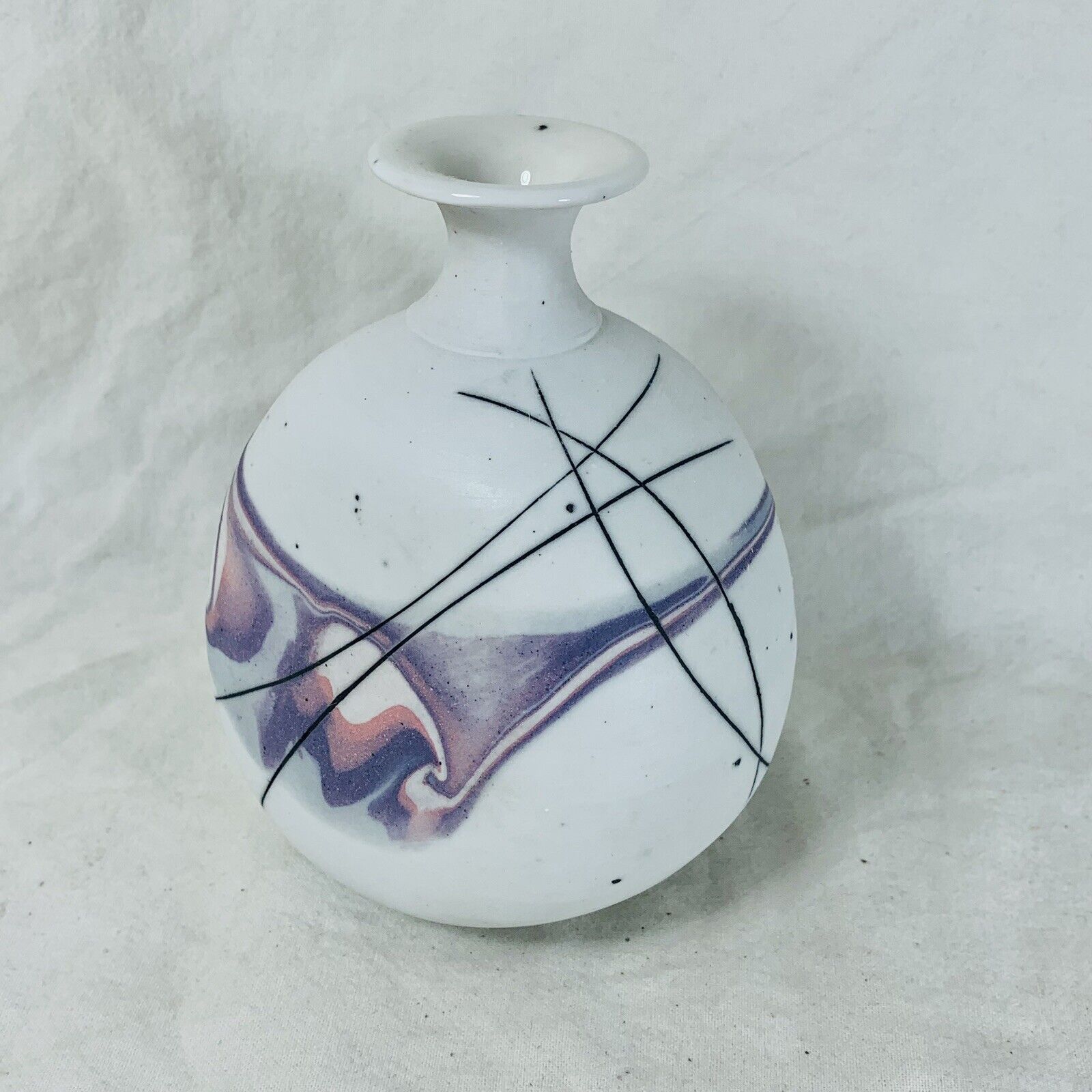 Vintage Svaneke Bornholm ceramic vase 11x8cm white and purple Denmark