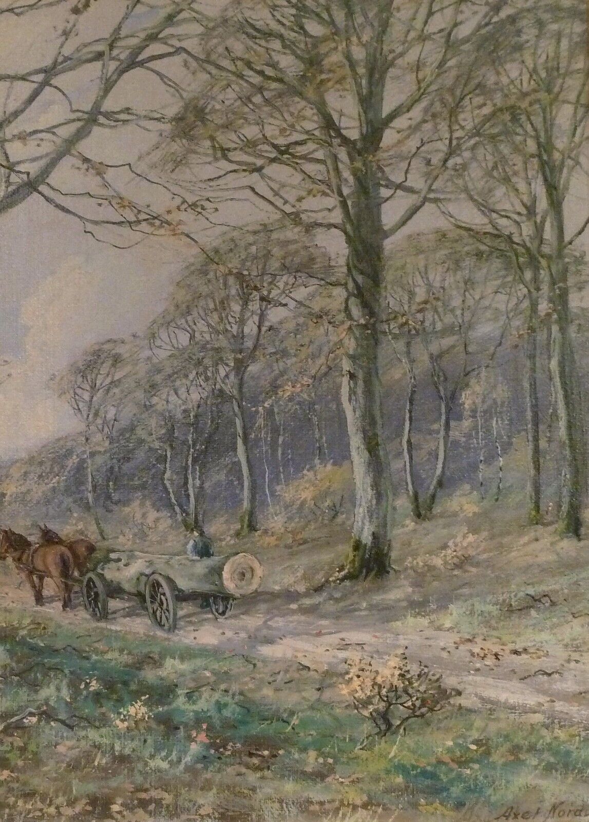 AXEL NORDBYE! MAN AND HORSES WORKING IN THE FOREST