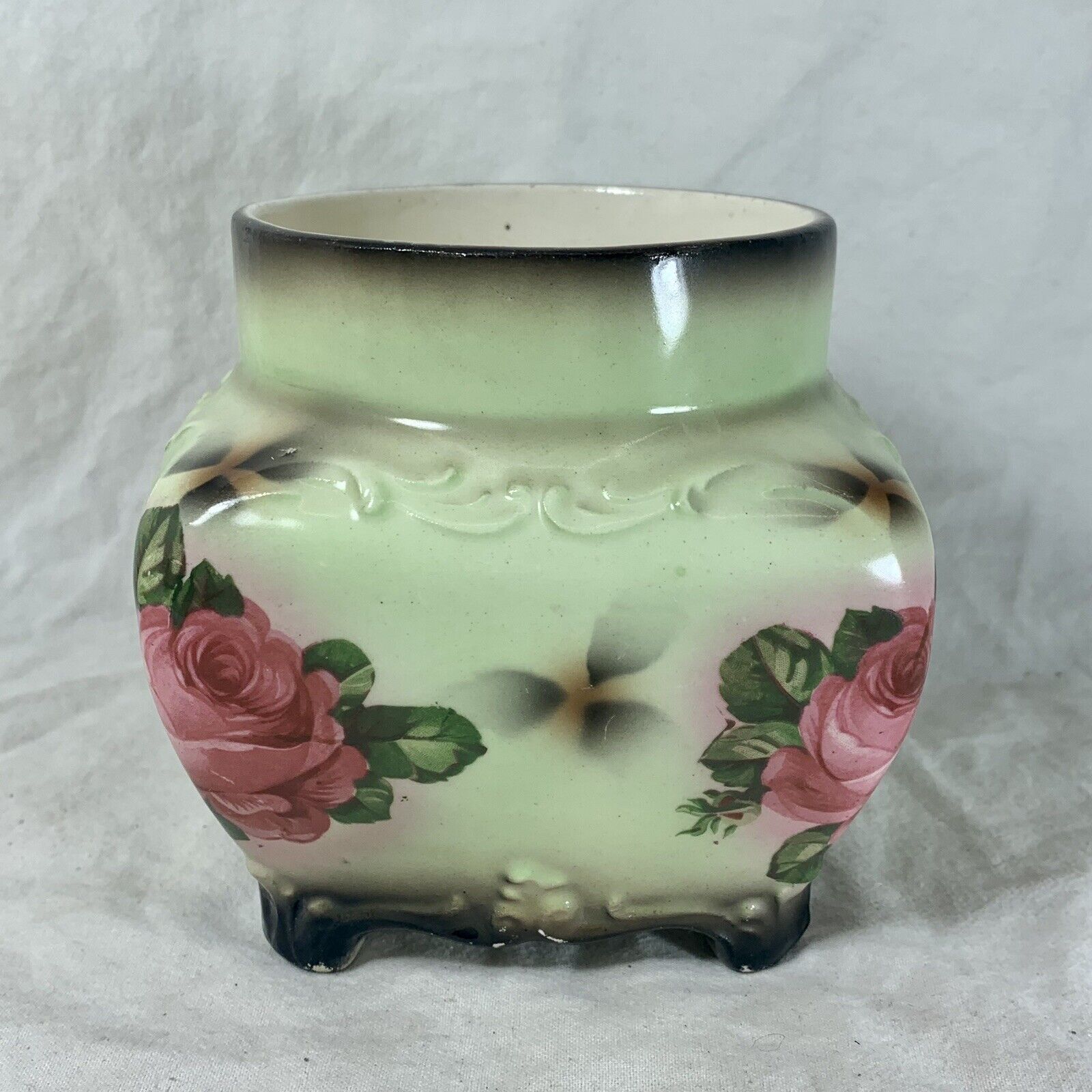 Vintage mint green planter with pink and yellow floral design 11x10cm