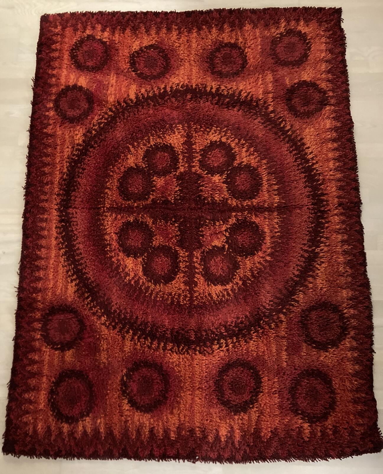 Vintage Danish Original Rya Wool Rug MCM Mid Century Modern Red W:57" L:75"