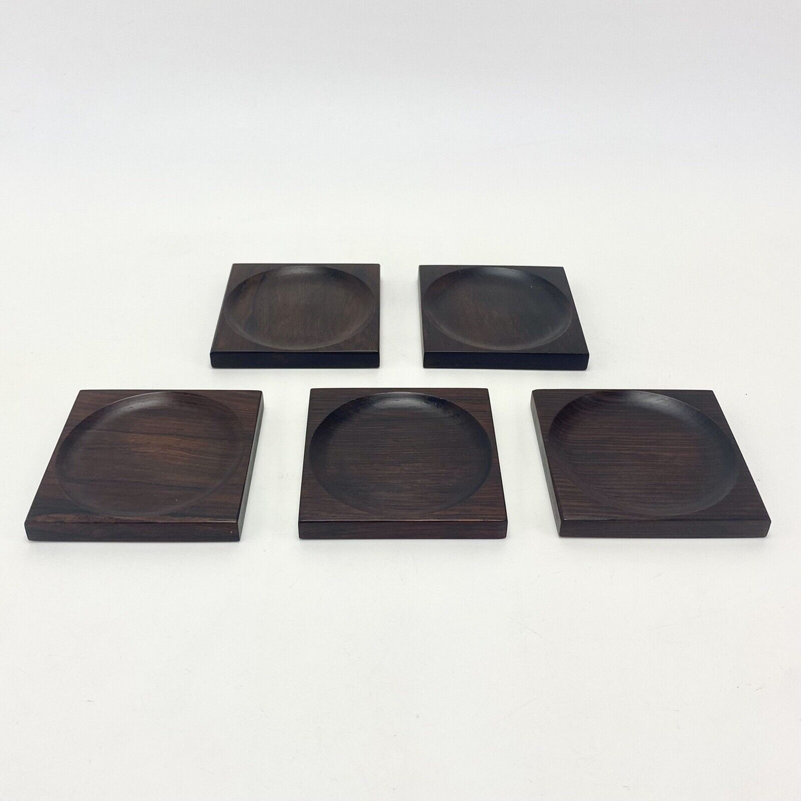 Set of 5 Vtg Mid Century Modern Danish Square Rosewood Glass Coasters Barware