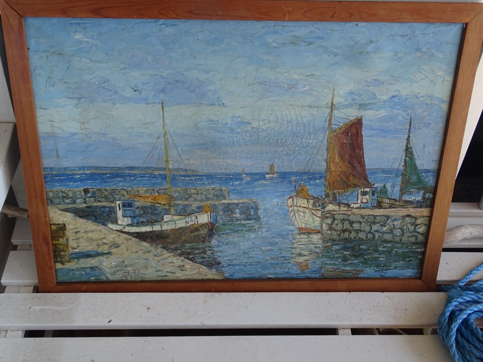 German Artist Emil Brehm (1880-1954) Harbor Scene Oil Painting