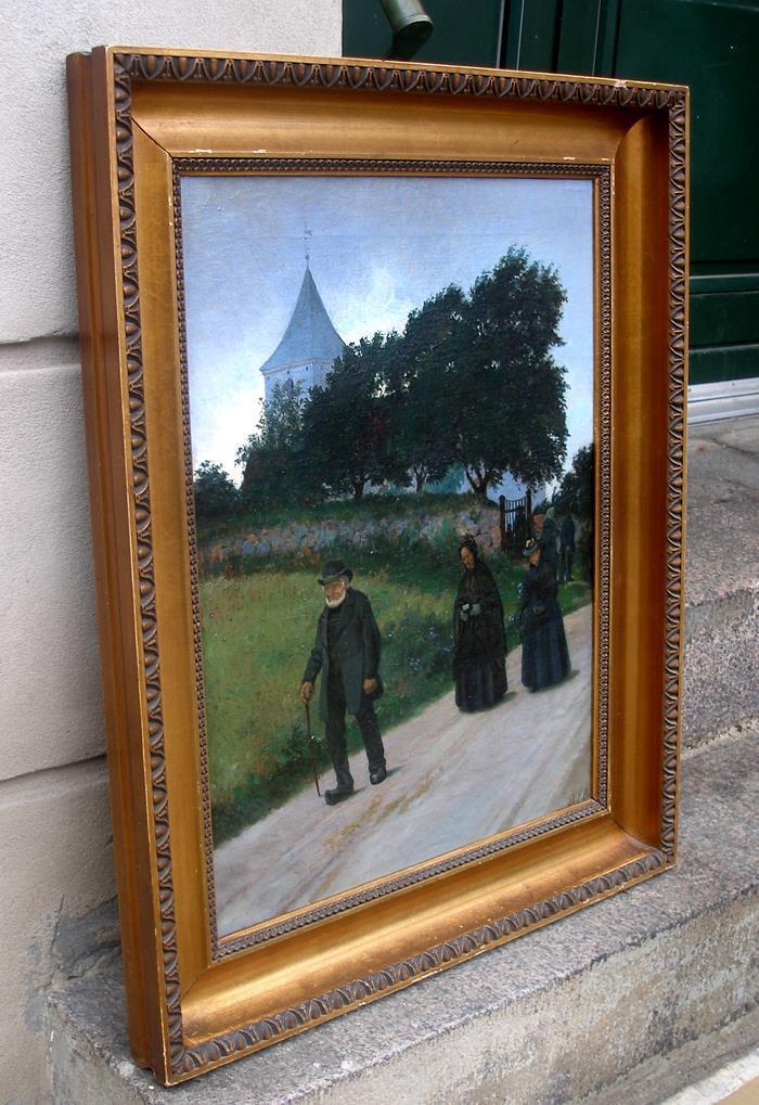 Alfred Larsen (1860) Return From Church Rare exhibition oil from 1888