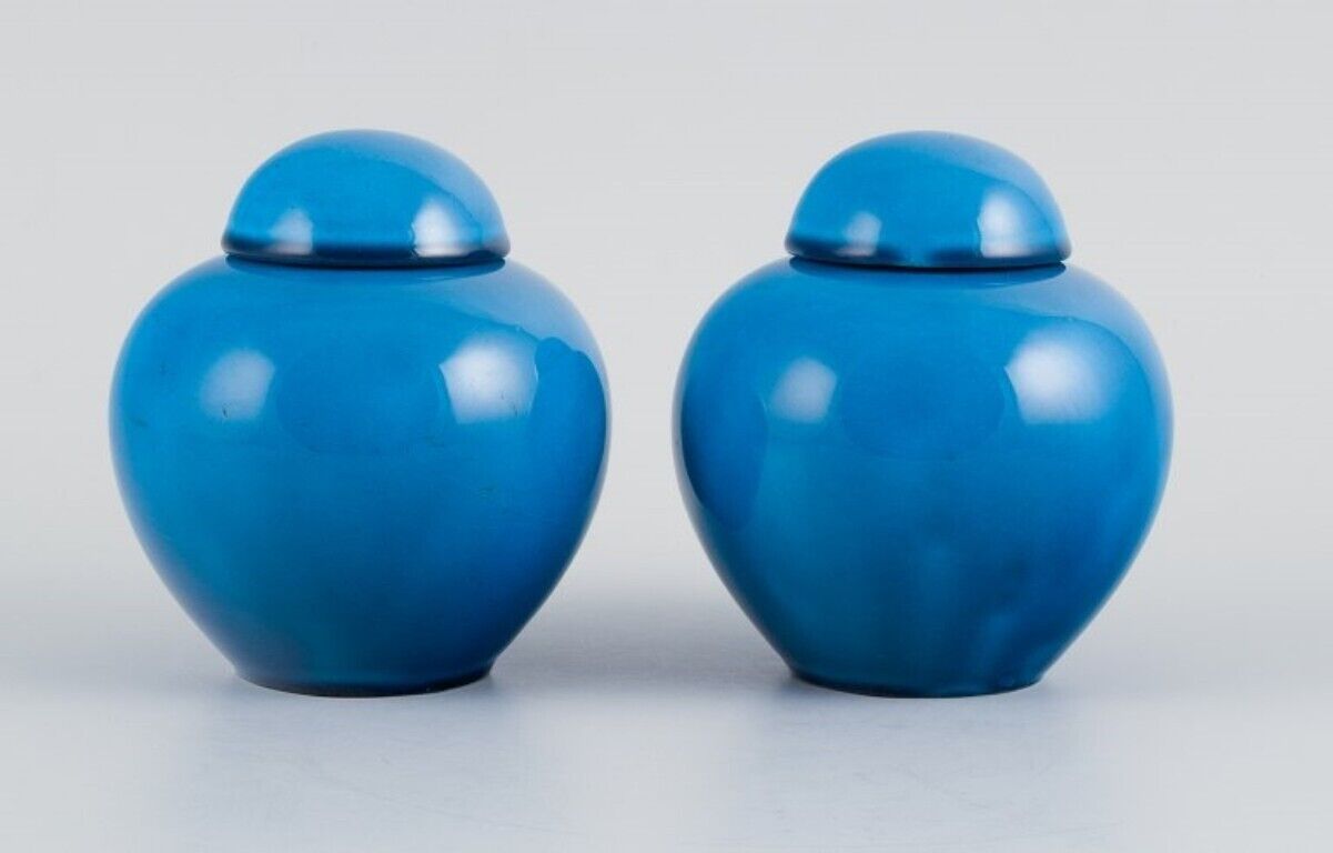 French ceramicist a pair of lidded jars in turquoise glaze Mid-20th century