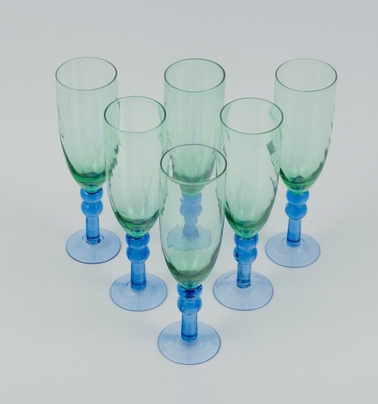 Scandinavian glass artist Set of six champagne glasses in green and blue glass