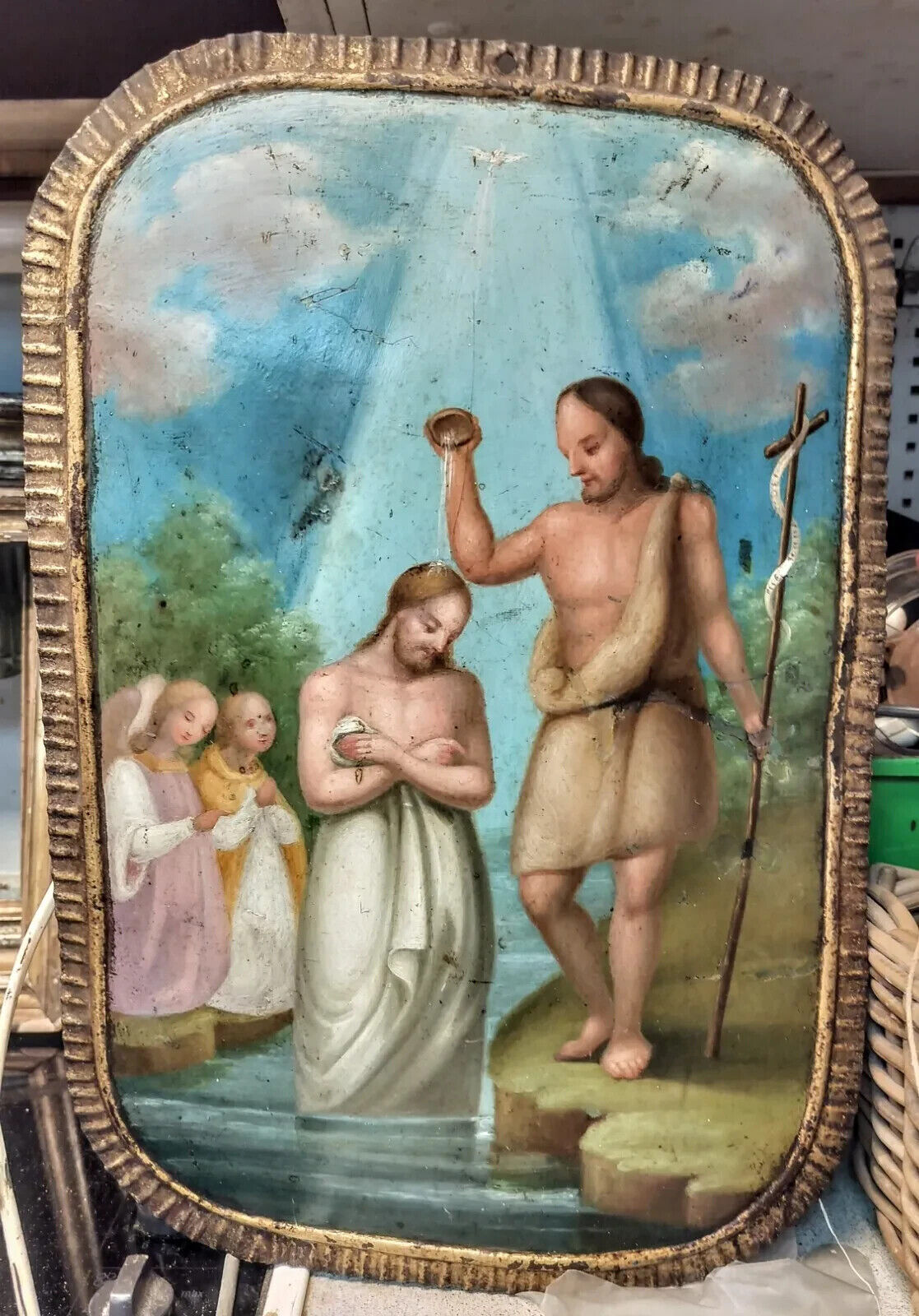 Baptism of Jesus Original Antique Oil Painting on Metal