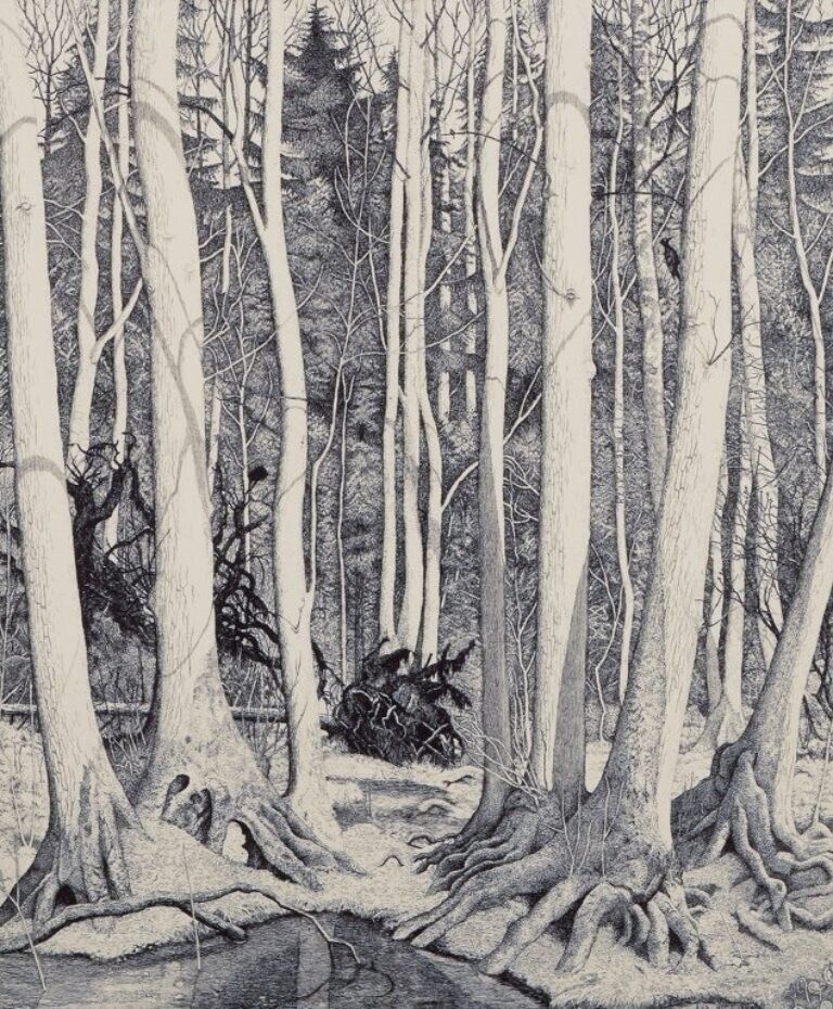 Eva Holmén-Edling (1942) Swedish artist Woodcut on Japan paper Forest scene