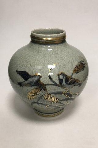 Royal Copenhagen Stoneware vase with crackle glaze decorated with birds and