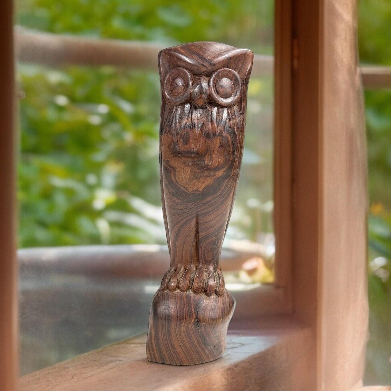 Vintage Hand Carved Teak Wood Owl Figurine 70s Bird Sculpture