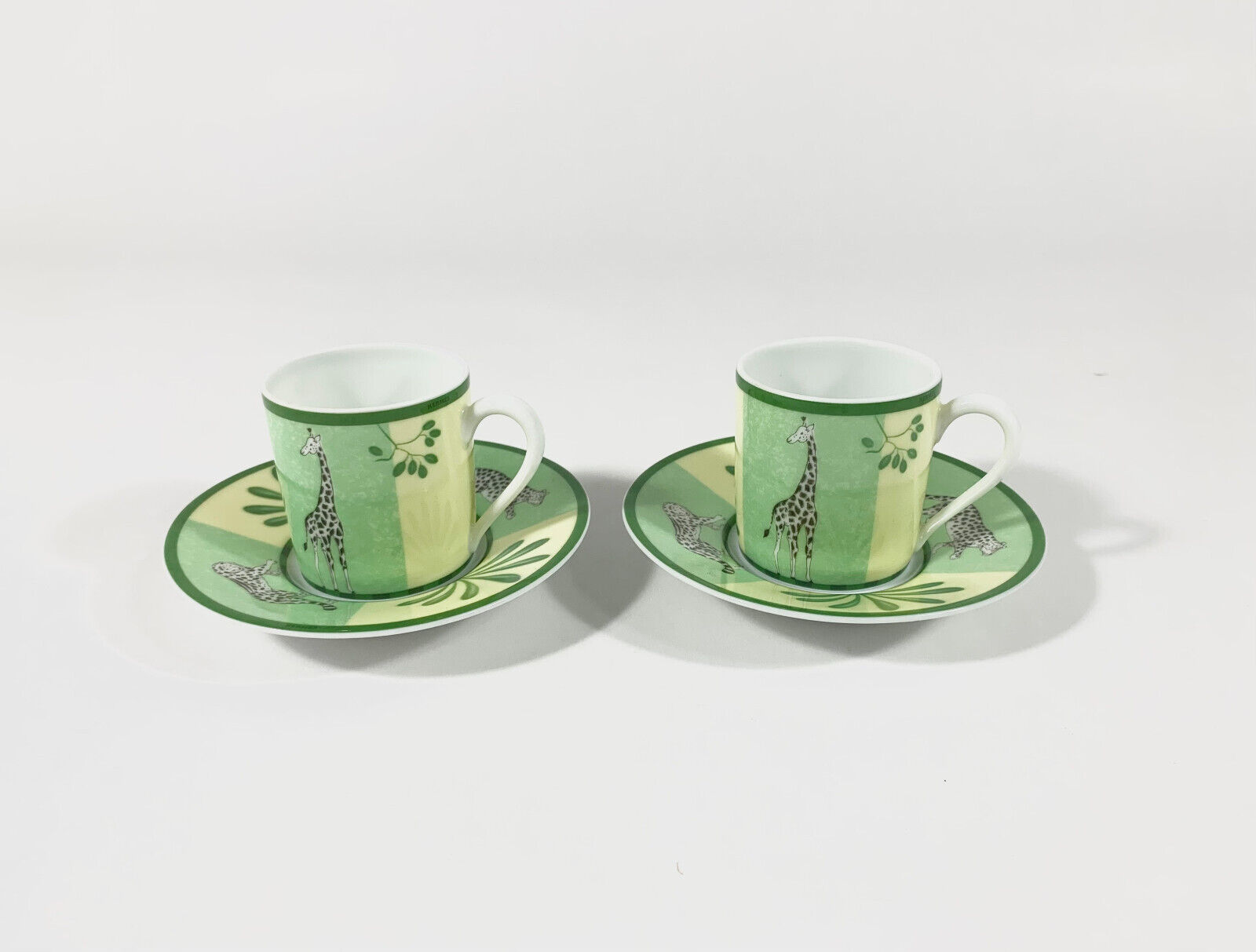 2x Hermes Africa Green Demitasse Espresso Coffee Cup and Saucer