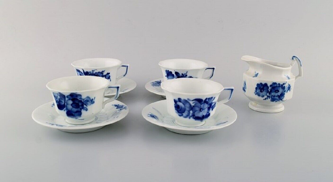 Four Royal Copenhagen Blue Flower Angular coffee cups with saucers and creamer