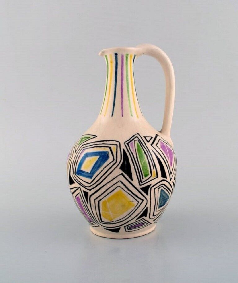 European studio ceramist Unique jug with handle in glazed ceramic Dated 1957