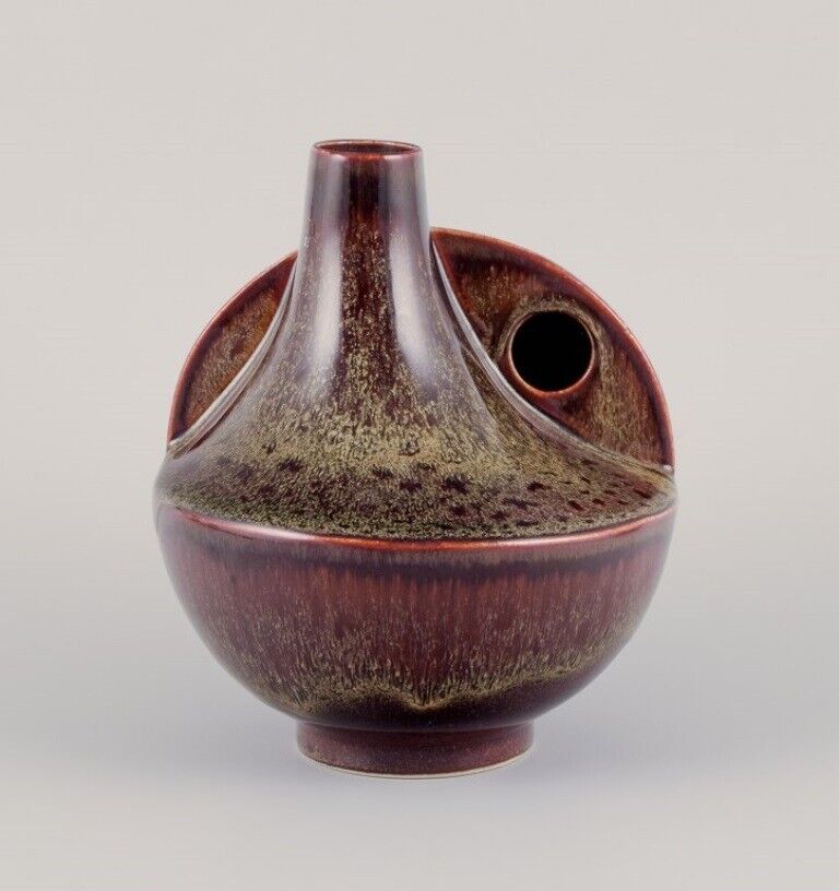 European studio ceramist Unique ceramic vase with speckled glaze in brown tones