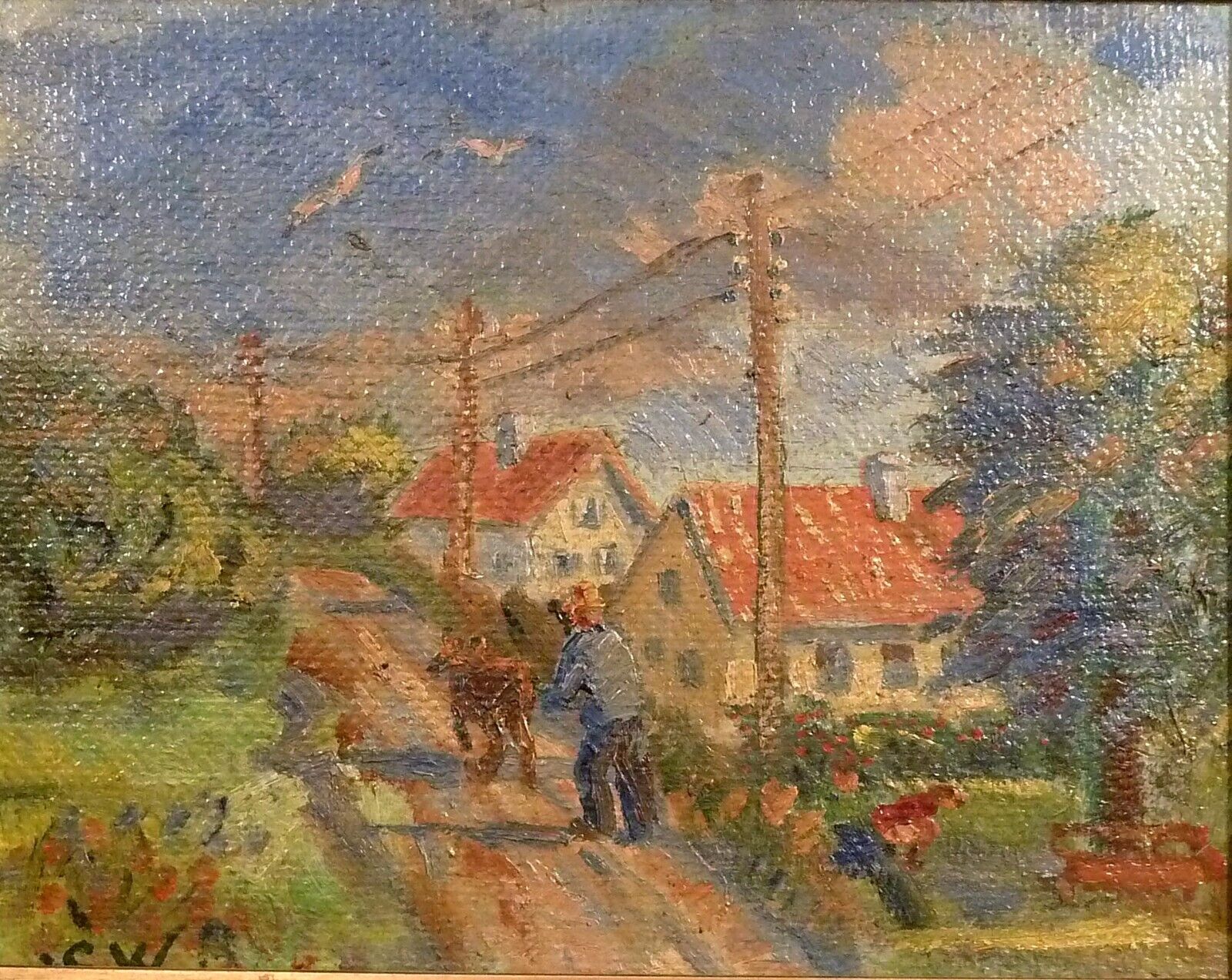 CARL WENTZEL! VILLAGE SCENE WITH FARMER AND COW