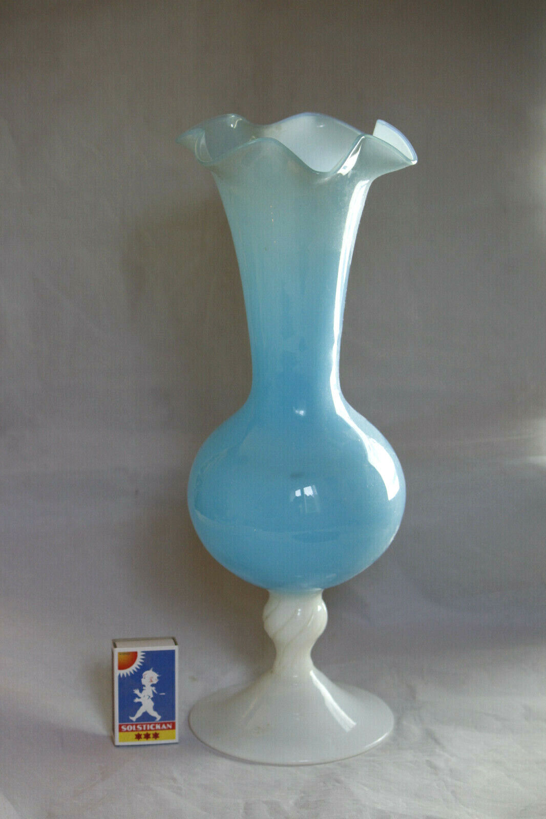 Large Vintage Italian Blue Opaline Vase Scalloped White Base Empoli 35cm 138in