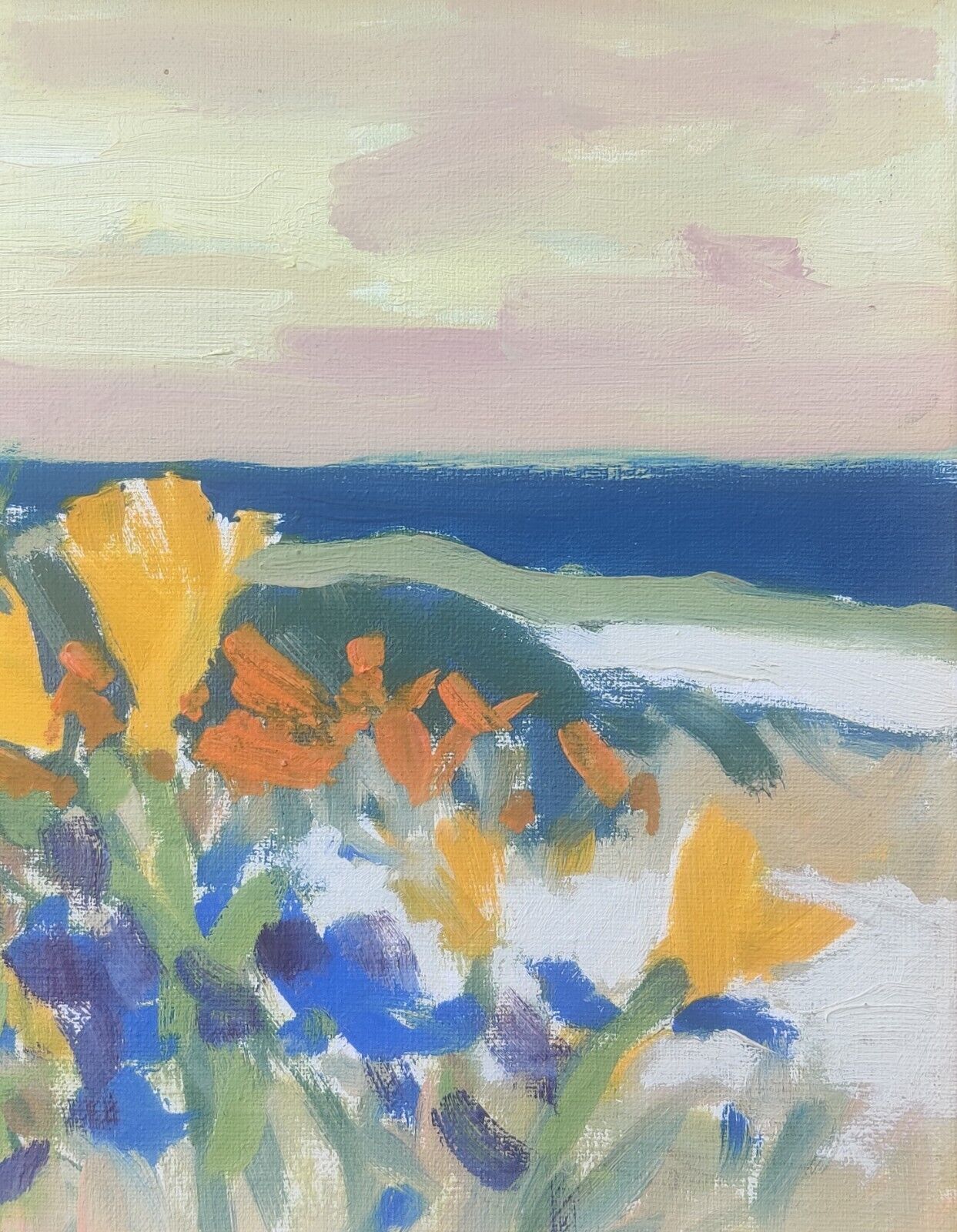 COASTAL LANDSCAPE WITH YELLOW FLOWERS original oil painting low shipping!!!