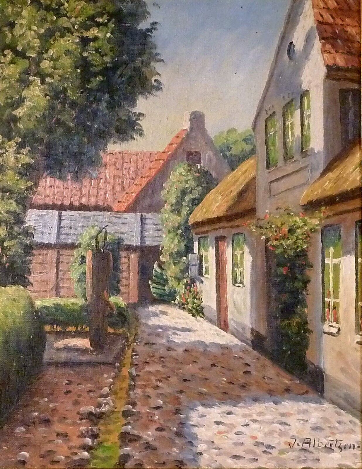 VALDEMAR ALBERTSEN! SCENERY FROM A BACKYARD WITH OLD HOUSES