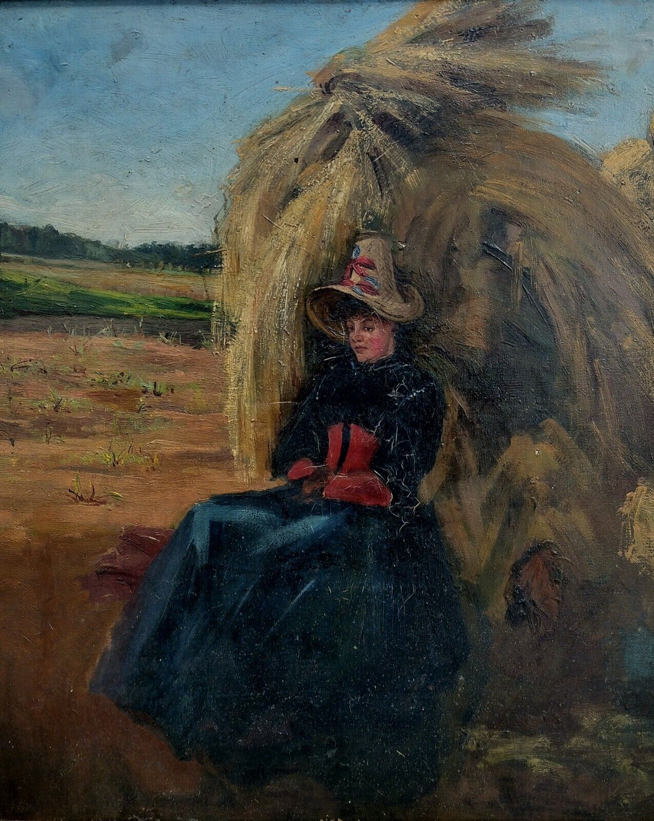 YOUNG WOMAN RESTING IN A FIELD Antique!