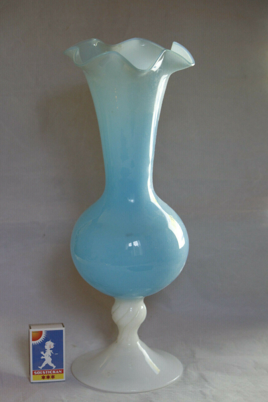 Large Vintage Italian Blue Opaline Vase Scalloped White Base Empoli 35cm 138in